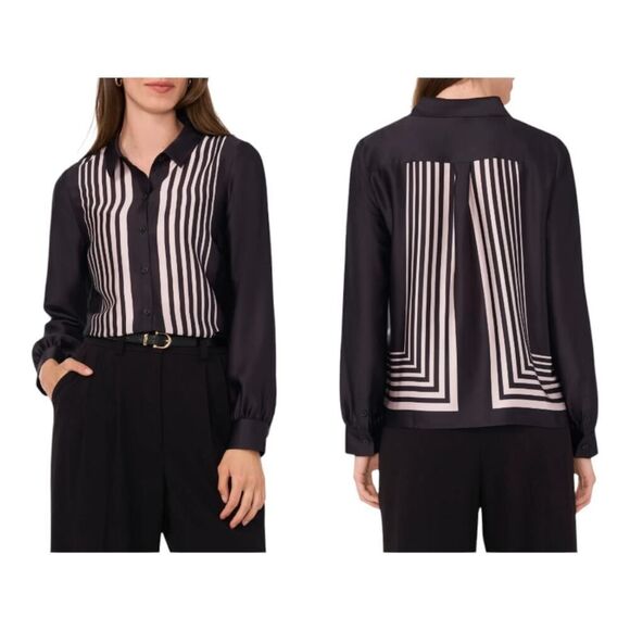 NEW Halogen Small Geo Boxed Black and White Striped Shirt Button-Up Retro Casual - Picture 3 of 15